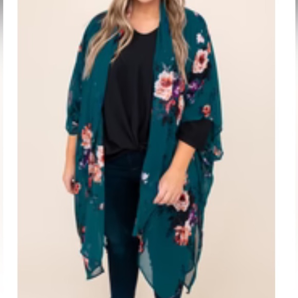 Chic Soul Tops - Teal Floral Kimono 2XL
